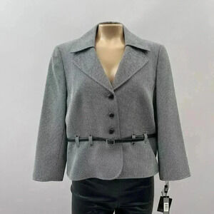 New Tahari Blazer 8P Women Button Belted Black White Pattern Short Suit Jacket